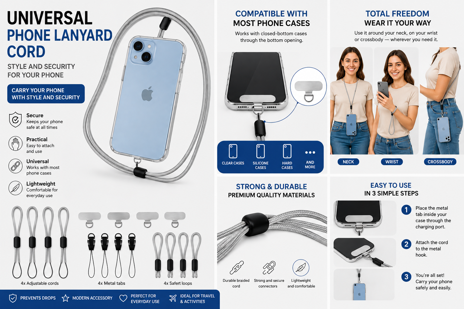 ZettaGuard™ 4-Pack Anti-Theft & Drop-Proof Phone Tether Kit (Grey)